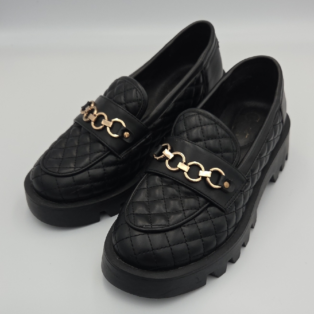 C Comfort Cato Women's Chunky Platform Loafers Black Quilted Faux Leather Size 8